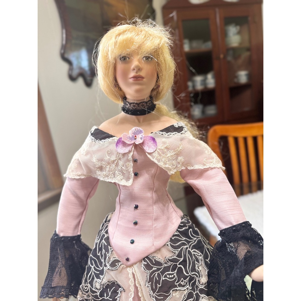 Katherine Liu AEL Porcelain Doll 23" Victorian Pink Black Lace Dress Blonde Hair - Picture 2 of 7